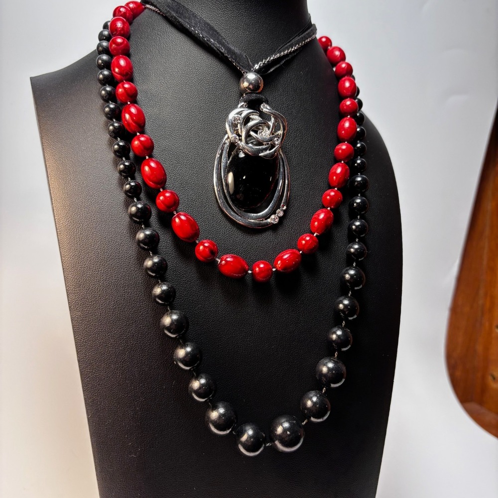 Necklace Lot Goth Witchy Black Red Vintage Acrylic Beads Metal Glass Pendant